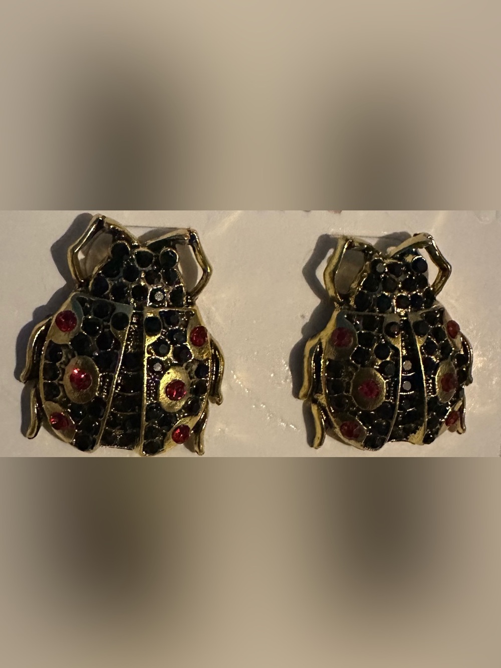 Gold Tone Women's Ladybug Earrings with Red and Black Stones